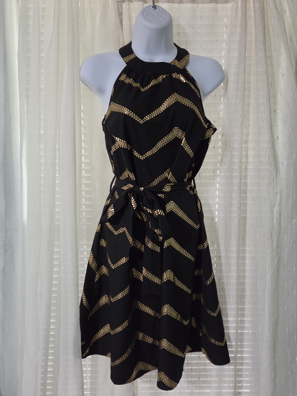 Unbranded Black Halter Dress with Gold Chevron Accents